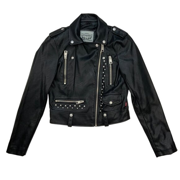 Levi’s Faux Vegan Leather Studded Moto Jacket XS Black Zip Front Biker Zip Cuffs - Picture 14 of 14